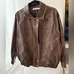 Brown Faux Leather Jacket with Gold Buttons